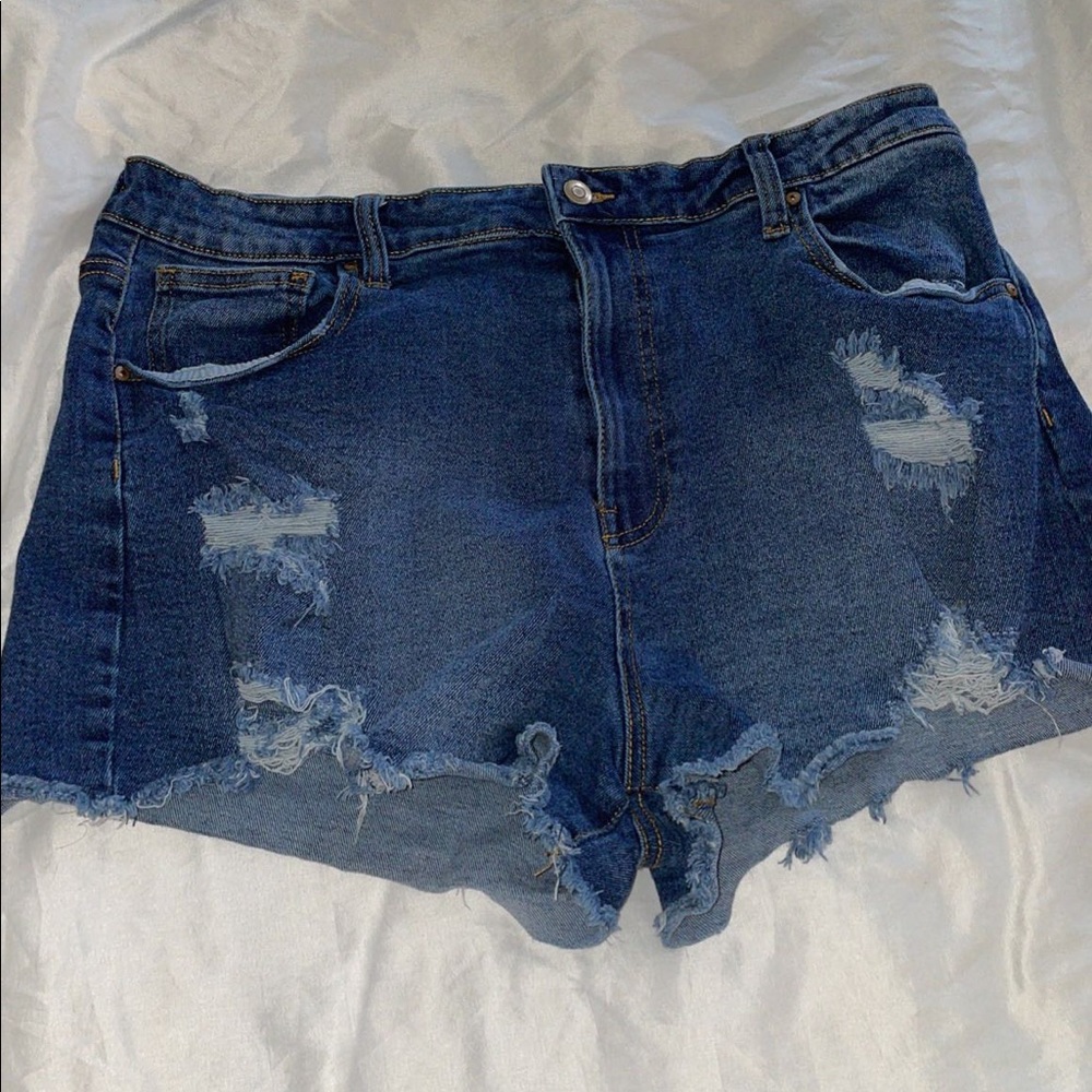High rise, distressed denim shorts